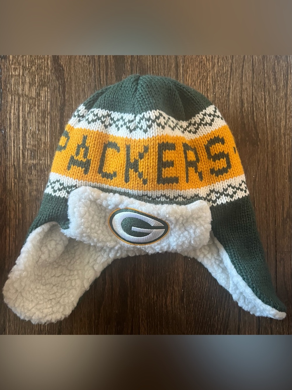 NFL Green Bay Packers Knit Trapper Hat in Green, Gold, White